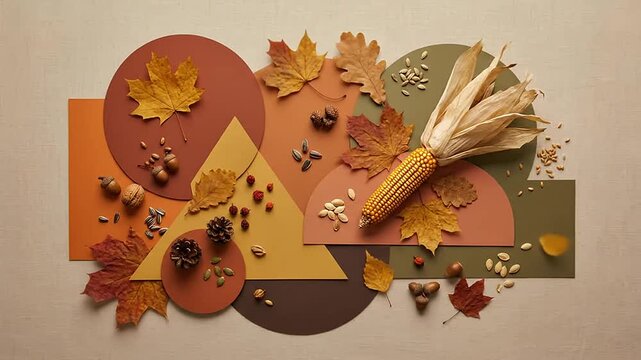 Autumn flatlay with falling leaves and corn cob on geometric shapes background