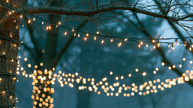 Parallel strands of white holiday lights hanging from bare tree branches in a quiet winter park at dusk, soft glowing halos, faint mist, deep teal and warm white contrast, winter,