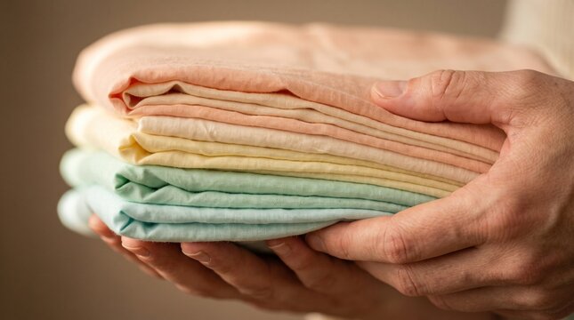 Folded organic cotton fabric stack in pastel shades of peach yellow and mint green held by hands for textile manufacturing sustainable fashion or home laundry.
