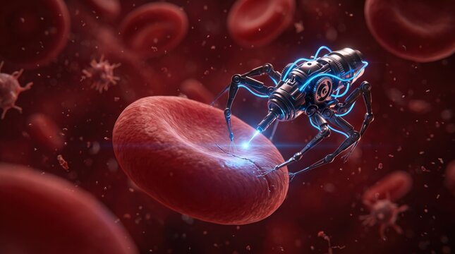 Nanobot repairing a red blood cell in human veins