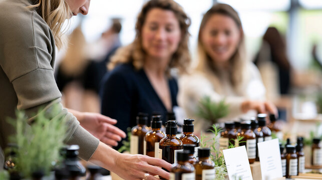 Shot over the shoulders of two attendees browsing a refined exhibitor table with amber glass bottles of natural products, small plants and blank educational cards, soft window ligh