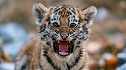 Fototapeta premium Close-up photograph of fierce young tiger cub growling with mouth open in natural outdoor setting with blurred background