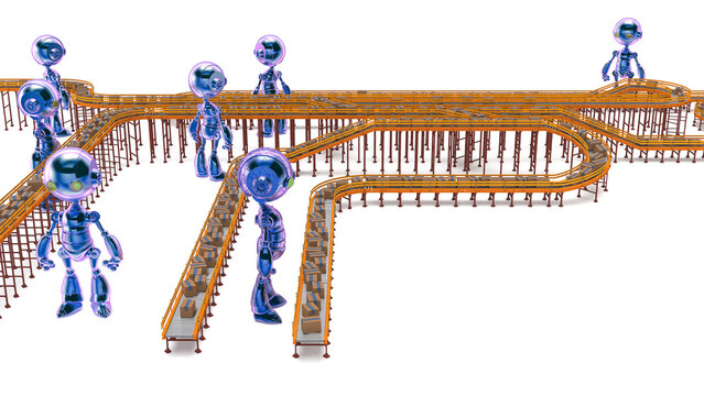 3D rendering of robotic warehouse workers inspecting and sorting packages at a modern distribution center on roller conveyor systems, automated logistics operators checking parcels during shipping