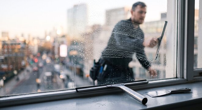 A professional window cleaner works on an urban apartment window with a squeegee and cleaning tools