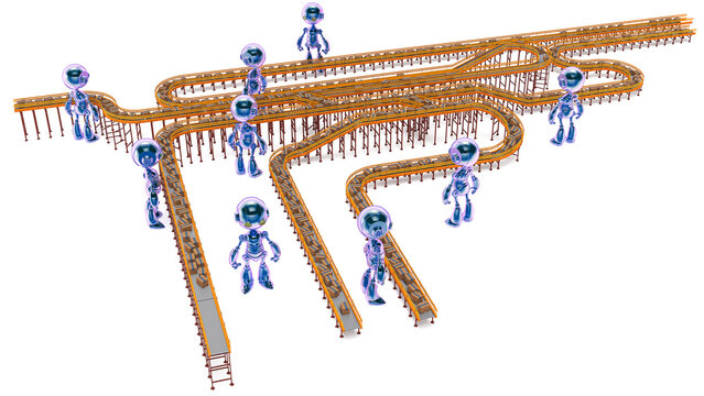 3D rendering of robotic warehouse workers inspecting and sorting packages at a modern distribution center on roller conveyor systems, automated logistics operators checking parcels during shipping