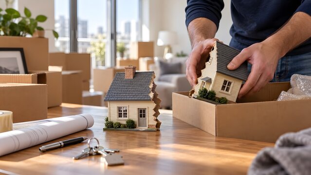 Man packing a broken house model into a cardboard box symbolizing divorce separation or property division during a move.