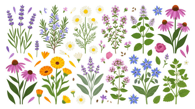 Herbal botanical illustration set - lavender, chamomile, echinacea, borage flowers