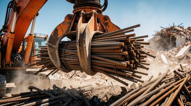 Heavy industrial grapple lifts large bundle of rusty rebar scrap metal. Orange excavator machine sorts iron debris in demolition yard for recycling. Metal rods move in scrapyard during construction