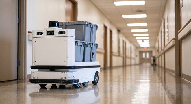 Autonomous delivery robot transporting plastic containers along a quiet hospital corridor