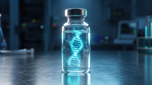 Glowing DNA strand inside a glass medical vial