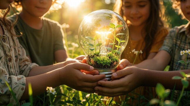 Diverse group of children hold glowing light bulb with green plants growing inside. Little kids protect small sprouts in glass lamp. Concept of eco energy, sustainable future, teamwork, nature