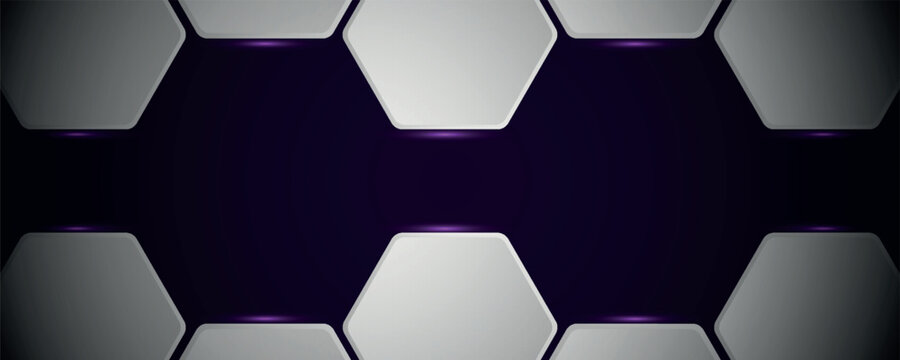 Abstract techno background with modern white 3D hexagon layers. Futuristic design with bright purple light effects. Honeycomb style business banner template for science and gaming. EPS. 2