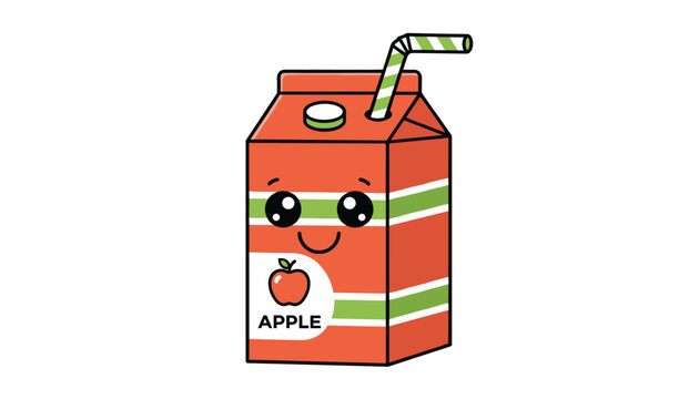 Cute kawaii vector illustration of an apple juice carton box with a smiling face, big shiny eyes, and a striped straw.