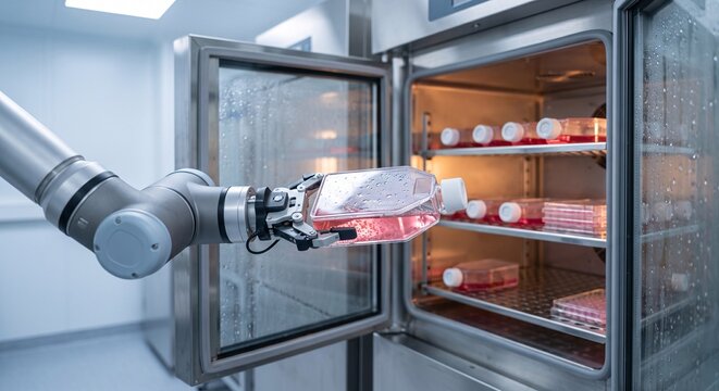 Automated robotic arm handling a cell culture flask inside a medical laboratory incubator