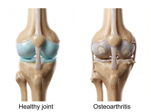 Osteoarthritis vs healthy knee joint. Osteoarthritic knee joint with Cartilage degeneration and loss, joint space narrowing and bone spur. Comparison two human knee.