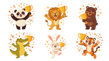 Obraz premium Set of Cute Cartoon Animals Celebrating With Trophies.