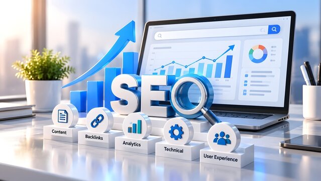 SEO strategy with growth graph analytics dashboard on laptop and icons for content backlinks technical and user experience