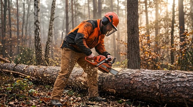 Professional logger in safety gear using a chainsaw to cut a large tree trunk in a dense autumn forest for sustainable forestry and timber industry concept.