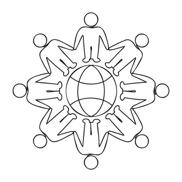 Global community circle of people holding hands around world globe symbol for unity concept.