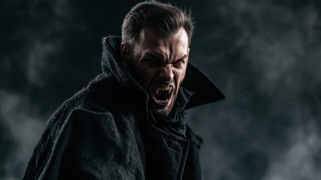 Intense man with fierce expression wearing dark cloak growling aggressively in dramatic moody low light atmosphere