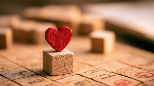 Red wooden heart shape standing on natural wood block on vintage game board with blurred background for love concept