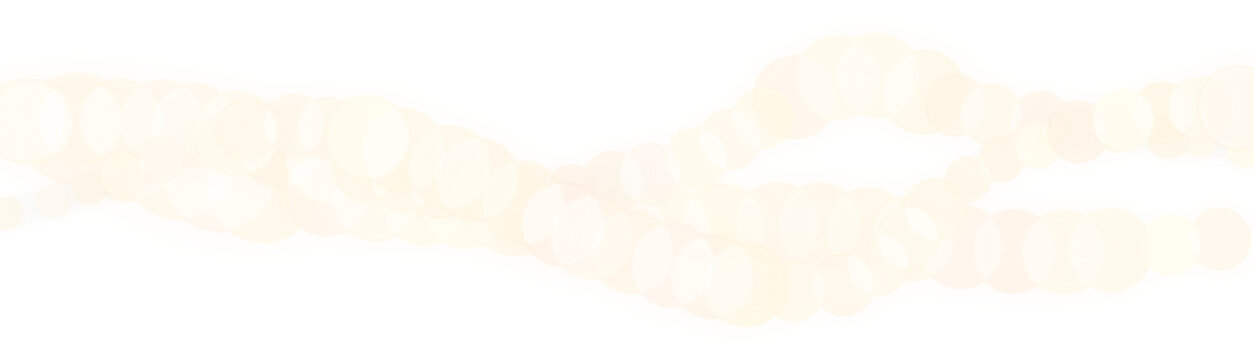 Golden bokeh lights wave on transparent background. Soft glowing circle light string overlay. Festive holiday background element