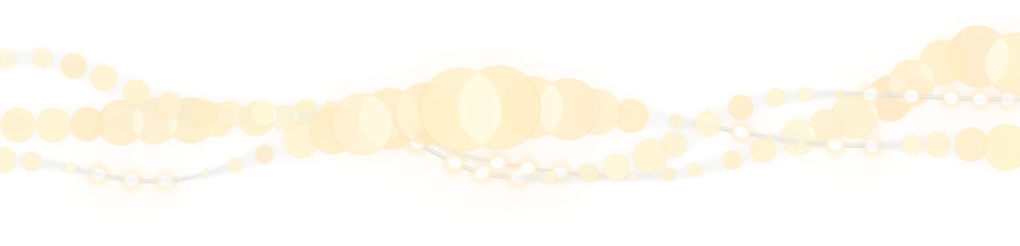Golden fairy lights string with glowing bulbs on transparent background. Warm bokeh light garland overlay. Festive holiday decoration element