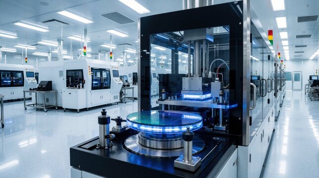 Automated semiconductor wafer processing machine works in high tech cleanroom. Robotic equipment manufactures silicon microchips on assembly line. Modern electronics fab factory uses advanced