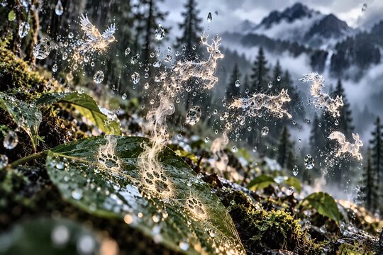 Magical Rainforest with Glowing Animal Spirits Emerging from Raindrops and Evaporating Paw Prints