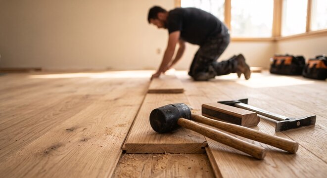 Professional flooring installer working on light oak wooden floor in a home renovation project