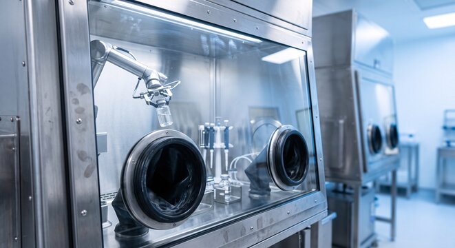 Automated robotic arm handling a glass medical vial inside a sterile laboratory isolator