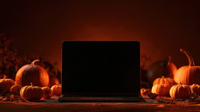Dark laptop screen surrounded by various orange pumpkins on rustic wooden table with warm autumn lighting in cozy setting