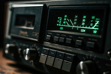Fototapeta premium Vintage analog audio cassette deck with green glowing digital display. Retro hifi stereo player shows frequency levels on screen. Old school music equipment in dark room. Classic tape recorder used
