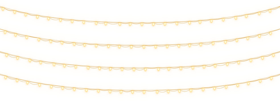 Hanging fairy lights on transparent background. Four rows of warm yellow glowing string lights. Festive holiday border vector illustration