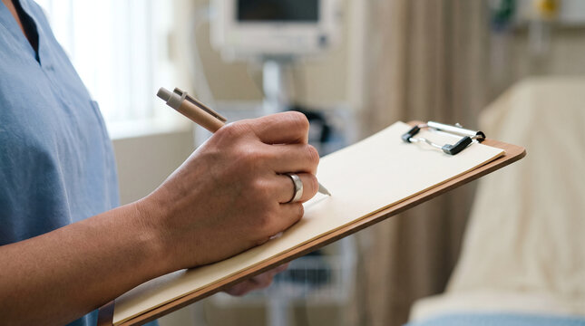 Close-up of nurse writing medical report on clipboard in hospital room
