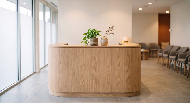 Minimalist wooden reception desk in a modern bright professional clinic waiting room area