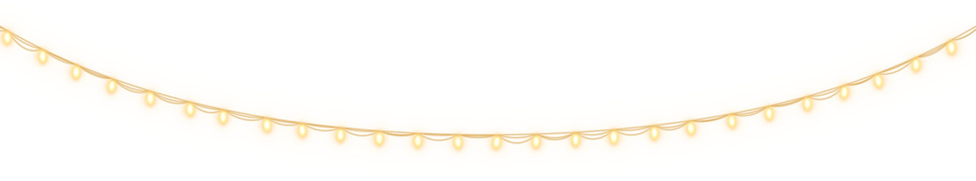 Single hanging string of Christmas lights on transparent background. Curved glowing yellow fairy lights garland. Festive holiday decoration vector