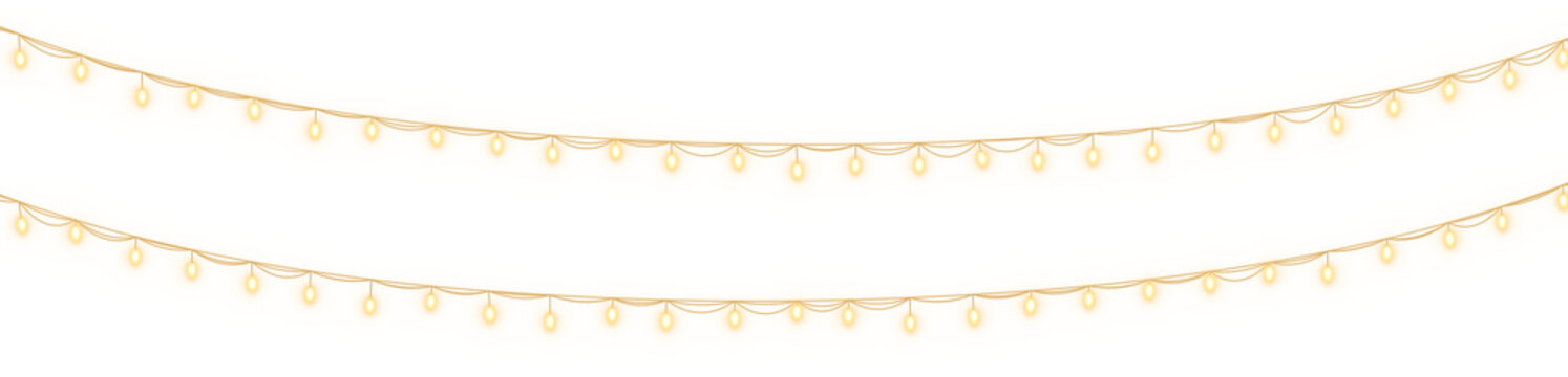 Hanging Christmas lights on transparent background. Two rows of glowing yellow fairy lights garland. Festive holiday decoration vector