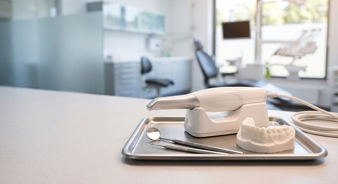 Intraoral dental scanner and teeth model on a metal tray in a professional dental clinic