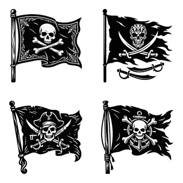 Black pirate flag with white skull and crossbones emblem waving in the wind, detailed Jolly Roger vector illustration with fabric texture and rippling effect for nautical adventure.