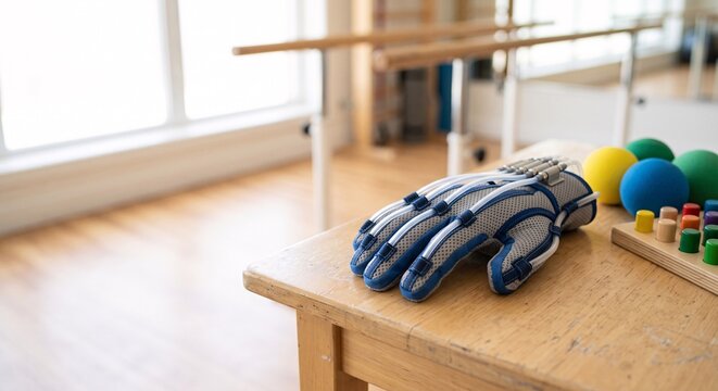 Robotic rehabilitation glove placed on a therapy desk in a clinic for physical recovery