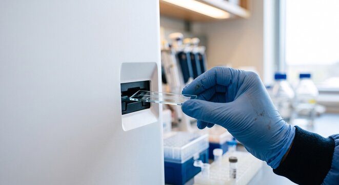 Scientist in blue latex gloves inserting a microfluidic glass chip into a lab machine