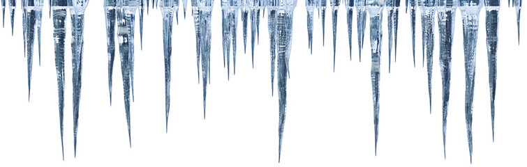 Realistic blue icicles border on transparent background. Hanging frozen water drops. Winter season design element © Ada_vector_stok