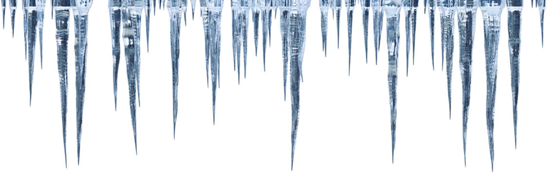 Realistic blue icicles border on transparent background. Hanging frozen water drops. Winter season design element