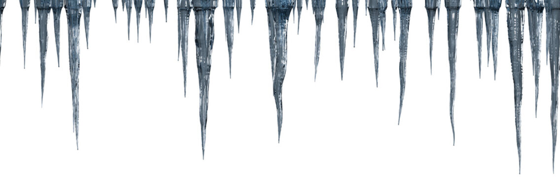 Realistic icicles hanging from the top border. Transparent blue ice spikes on a grid background. Winter season design element