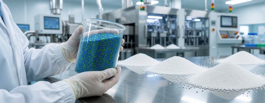 Laboratory technician holds glass beaker filled with colorful plastic polymer pellets. Chemist performs quality control inspection of raw resin granules in modern factory. Industrial manufacturing