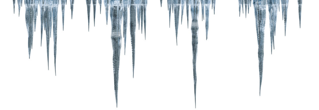 Long realistic blue icicles hanging from top edge. Frozen ice spikes on transparent background. Winter border design element