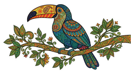 Obraz premium Intricate Ornate Toucan Bird Illustration with Colorful Mandala and Zentangle Patterns Perched on a Branch, Isolated on White Background