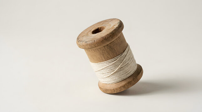 A vintage wooden spool wound with white cotton thread stands tilted on a clean and neutral light gray surface.