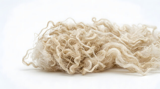 High quality raw merino sheep wool fleece with beautiful natural curls isolated on a clean white background.